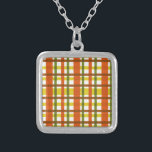 Retro 70s Orange Yellow Plaid Silver Plated Necklace<br><div class="desc">This funky, original 70s-inspired design is made to look like groovy 1970s or late 1960s vintage plaid in shades of orange, gold yellow, moss green and red-brown on white. The seamless chequered pattern is slightly distressed so it looks like it has been painted on. This is a cool, old school...</div>