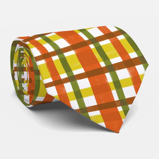 Retro 70s Orange Yellow Plaid Tie (Rolled)