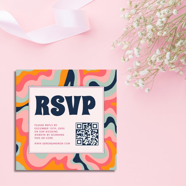 Retro 70s Pastel Pink Groovy QR Code RSVP Enclosure Card (Creator Uploaded)