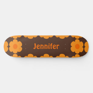 Retro 70s Personalized Brown and Orange Floral Skateboard