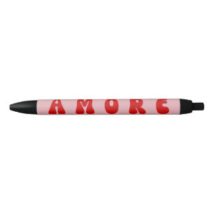 Retro 70s Pink and Red AMORE Bubble Font Black Ink Pen