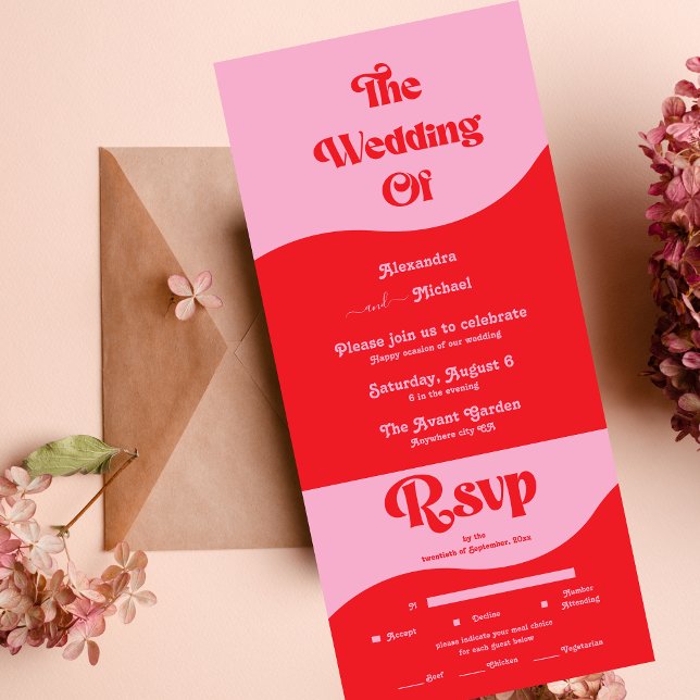 Retro 70s Pink and Red Neon Wedding All In One Inv Invitation (Creator Uploaded)