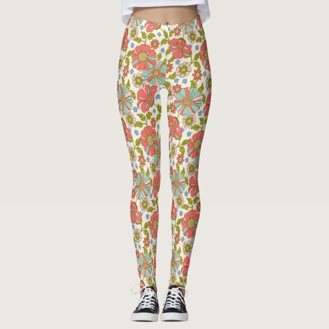 Retro 70s Pink Aqua Floral Leggings (Front)