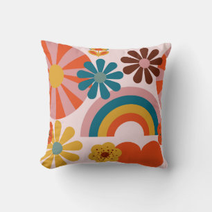 Retro 70's pink floral, rainbow and heart motifs  throw pillow
