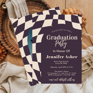 Retro 70s Purple Chequered Arch Photo Graduation Invitation