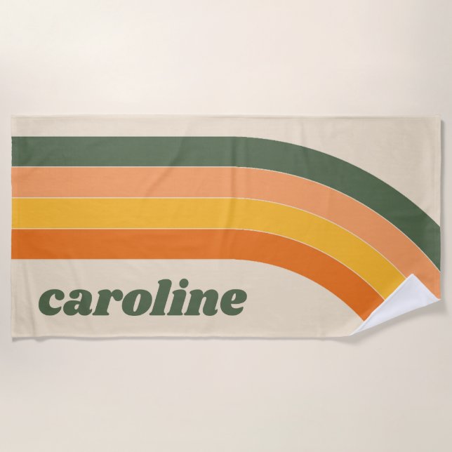 Retro 70s Rainbow Green Orange Personalized Name Beach Towel (Front)