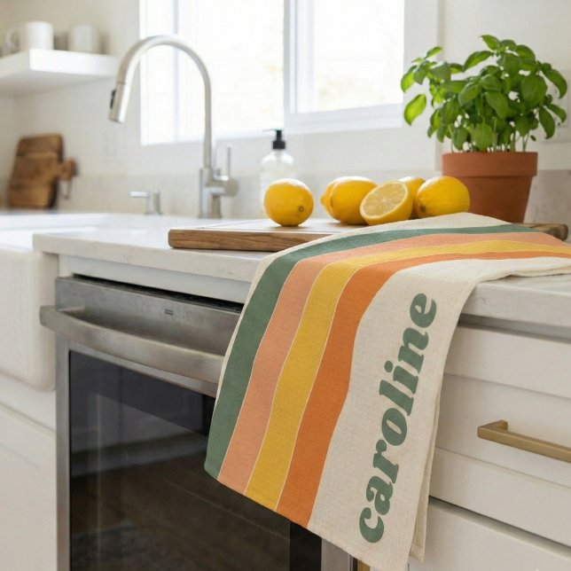 Retro 70s Rainbow Green Orange Personalized Name Kitchen Towel (Creator Uploaded)