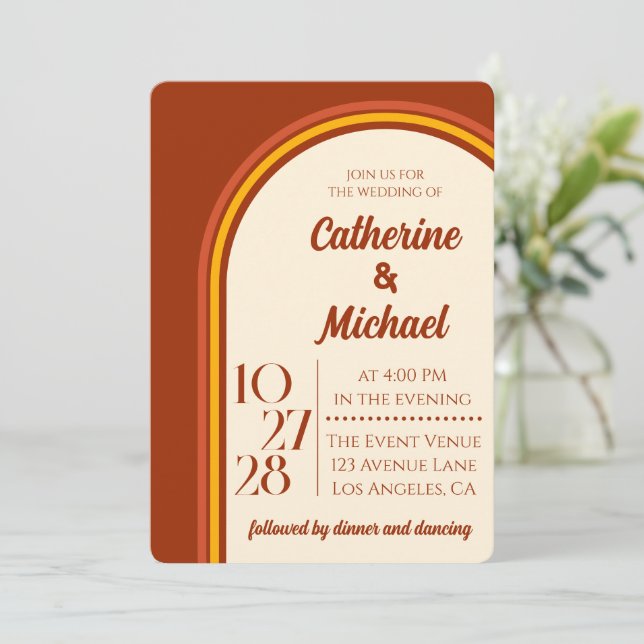 Retro 70s Rainbow Groovy Arch Photo Wedding Invitation (Standing Front)