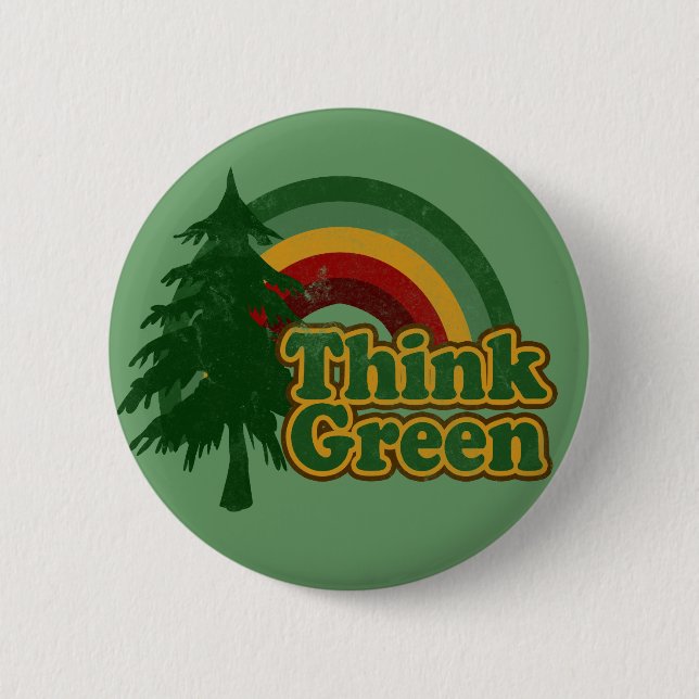 Retro 70s Rainbow, Think Green 2 Inch Round Button (Front)