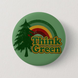 Retro 70s Rainbow, Think Green 2 Inch Round Button