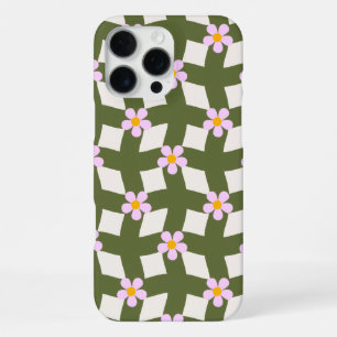 Retro 70s Sage Green Geometric Floral Pattern iPhone 16 Pro Max Case