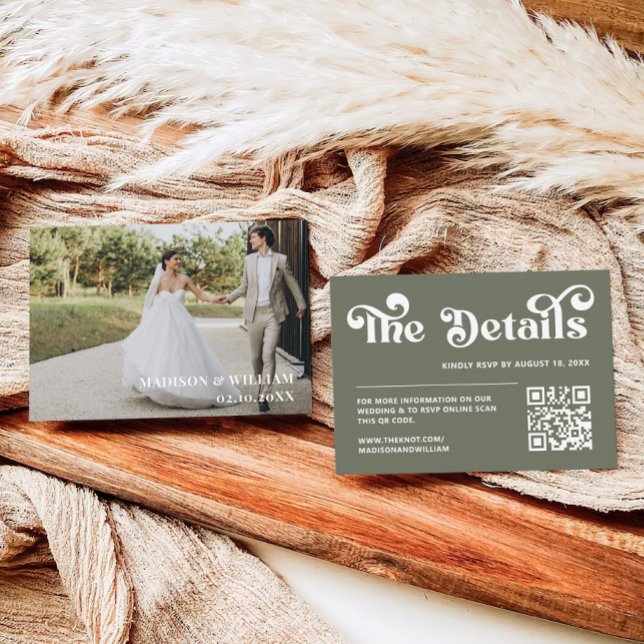 Retro 70s Sage Green Wedding Website Qr Code Enclosure Card (Creator Uploaded)