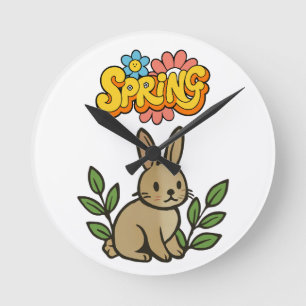 Retro 70s Spring Bunny Graphic Design Round Clock