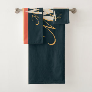 Retro 70s Stripe Navy Blue & Mustard Monogram Name Bath Towel Set