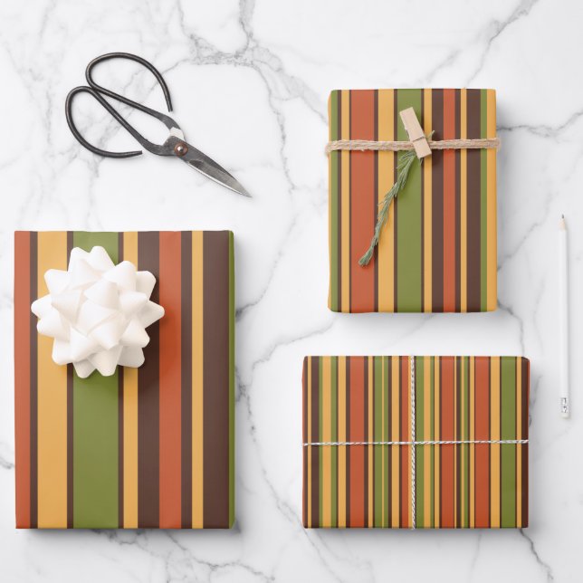 Retro 70s Stripes Brown Avocado Orange Mustard Wrapping Paper Sheet (Front)