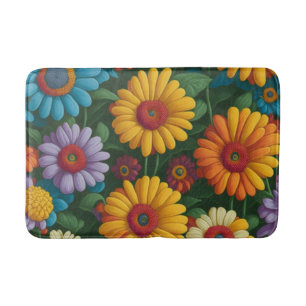 Retro 70s style colorful daisies bath mat