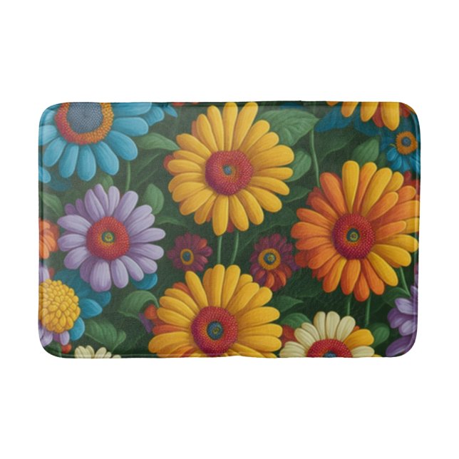 Retro 70s style colourful daisies  bath mat (Front)