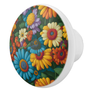 Retro 70s style colourful daisies  ceramic knob