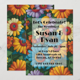 Retro 70s style colourful daisies invitation