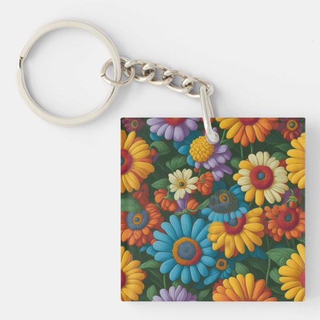 Retro 70s style colourful daisies  keychain (Front)