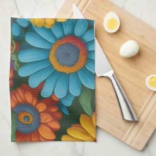 Retro 70s style colourful daisies  kitchen towel