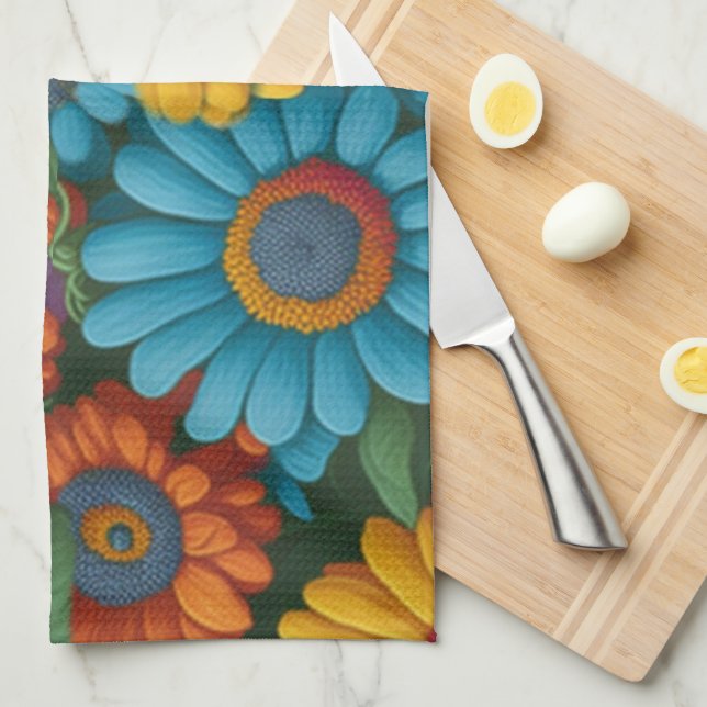 Retro 70s style colourful daisies  kitchen towel (Quarter Fold)