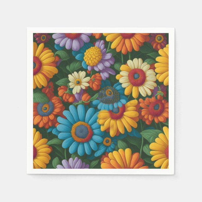 Retro 70s style colourful daisies  napkin (Front)