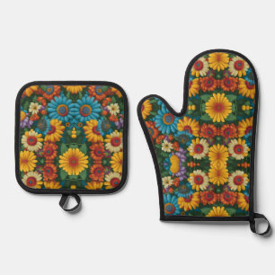 Retro 70s style colourful daisies oven mitt & pot holder set