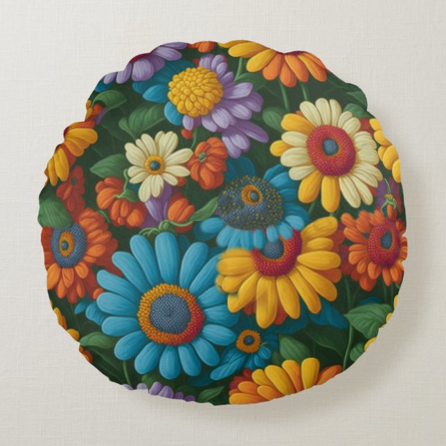 Retro 70s style colourful daisies  round pillow (Front)