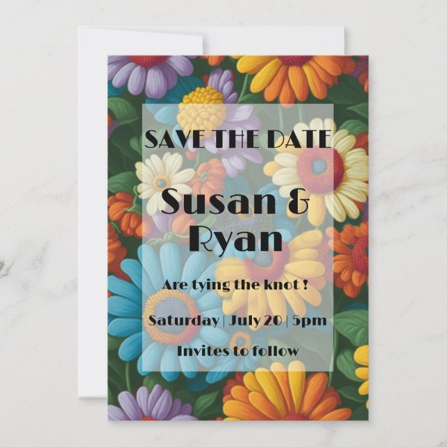 Retro 70s style colourful daisies  save the date (Front)