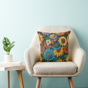 Retro 70s style colourful daisies  throw pillow