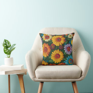 Retro 70s style colourful daisies  throw pillow