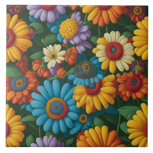 Retro 70s style colourful daisies  tile (Front)