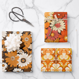 Retro 70s style floral pattern wrapping paper sheet
