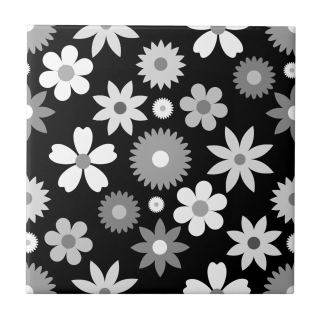 Retro 70s Style Flower Lg Monochrome Pattern Tile (Front)