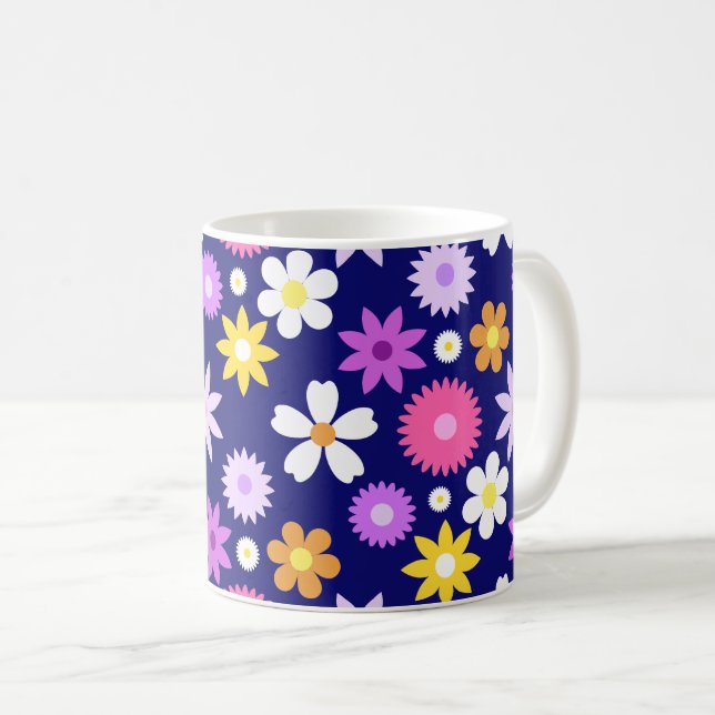 Retro 70s Style Flower Lg Pattern on Dark Blue Coffee Mug (Front Right)