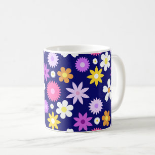 Retro 70s Style Flower Lg Pattern on Dark Blue Coffee Mug