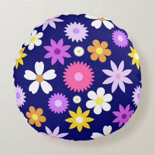 Retro 70s Style Flower Lg Pattern on Dark Blue Round Pillow