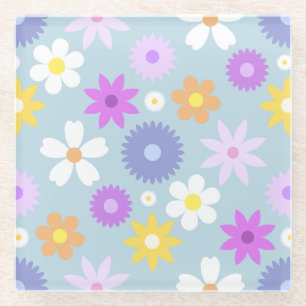 Retro 70s Style Flower Lg Pattern Pastel Colours Glass Coaster