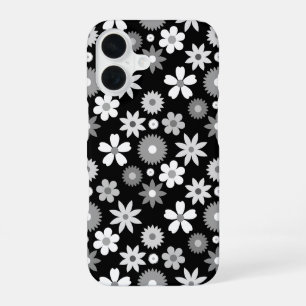Retro 70s Style Flower Monochrome Pattern iPhone 16 Case