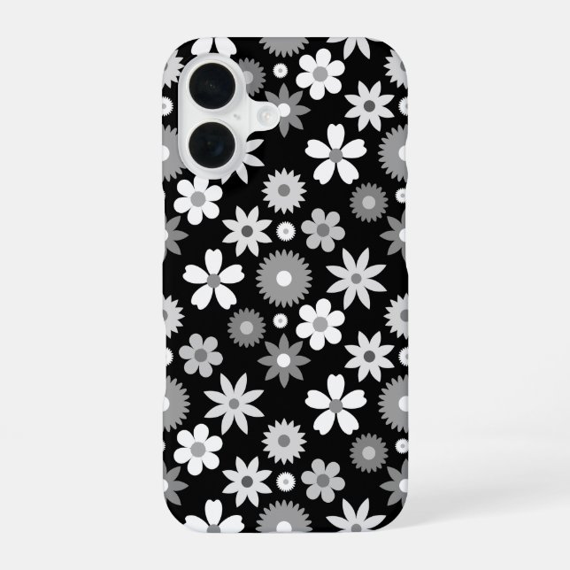 Retro 70s Style Flower Monochrome Pattern iPhone 16 Case (Back)