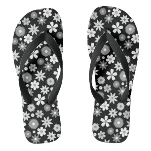 Retro 70s Style Flower Monochrome Rpt Pattern Flip Flops