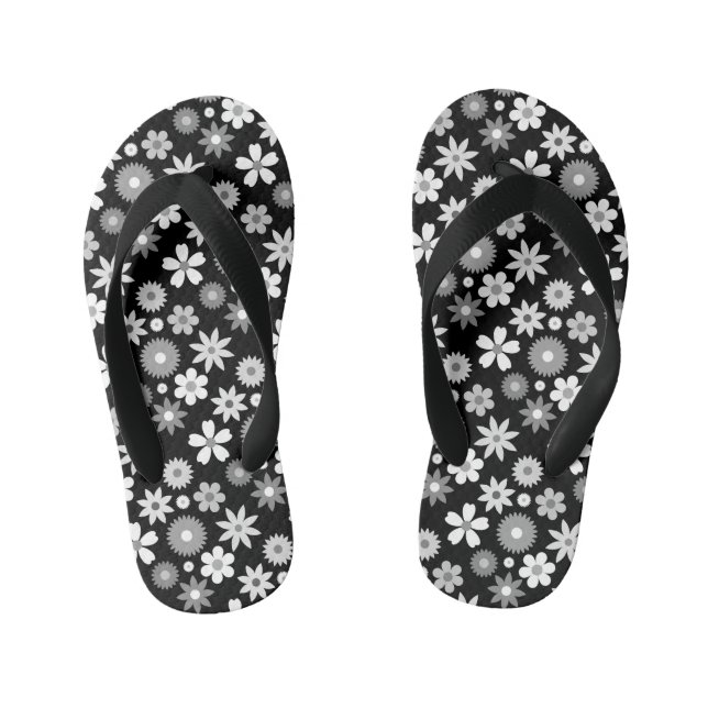 Retro 70s Style Flower Monochrome Rpt Pattern Kid's Flip Flops (Footbed)