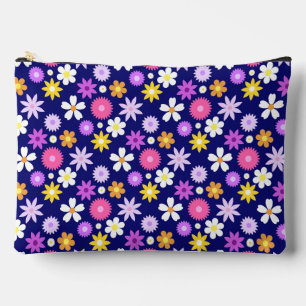 Retro 70s Style Flower Pattern on Dark Blue Accessory Pouch