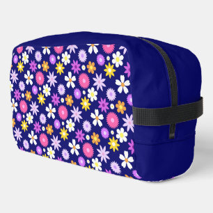 Retro 70s Style Flower Pattern on Dark Blue Dopp Kit