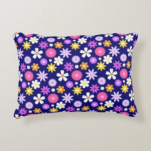 Retro 70s Style Flower Rpt Pattern on Dark Blue Accent Pillow (Front)