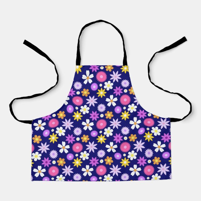 Retro 70s Style Flower Rpt Pattern on Dark Blue Apron (Front)