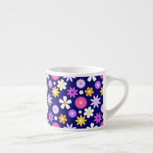 Retro 70s Style Flower Rpt Pattern on Dark Blue Espresso Cup