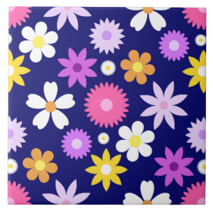 Retro 70s Style Flower Rpt Pattern on Dark Blue Tile
