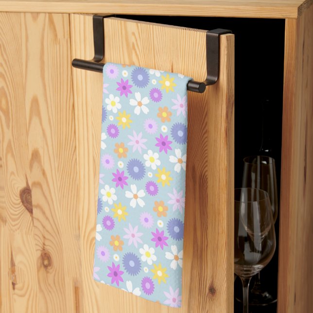 Retro 70s Style Flower Rpt Pattern Pastel Colours Kitchen Towel (Thirds Fold)